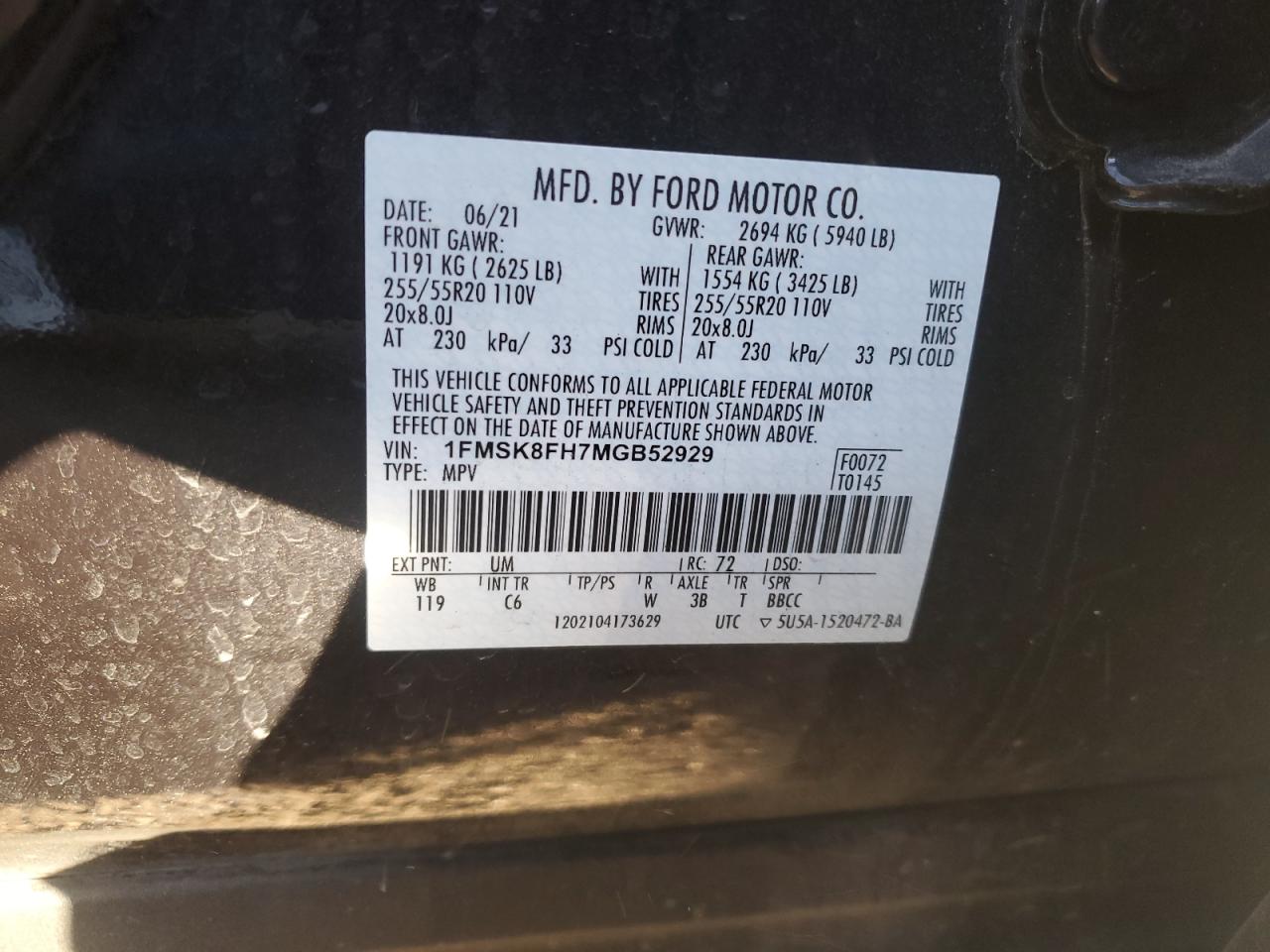 2021 Ford Explorer VIN 1FMSK8FH7MGB52929 Copart auction photo, side damage thumbnail 15