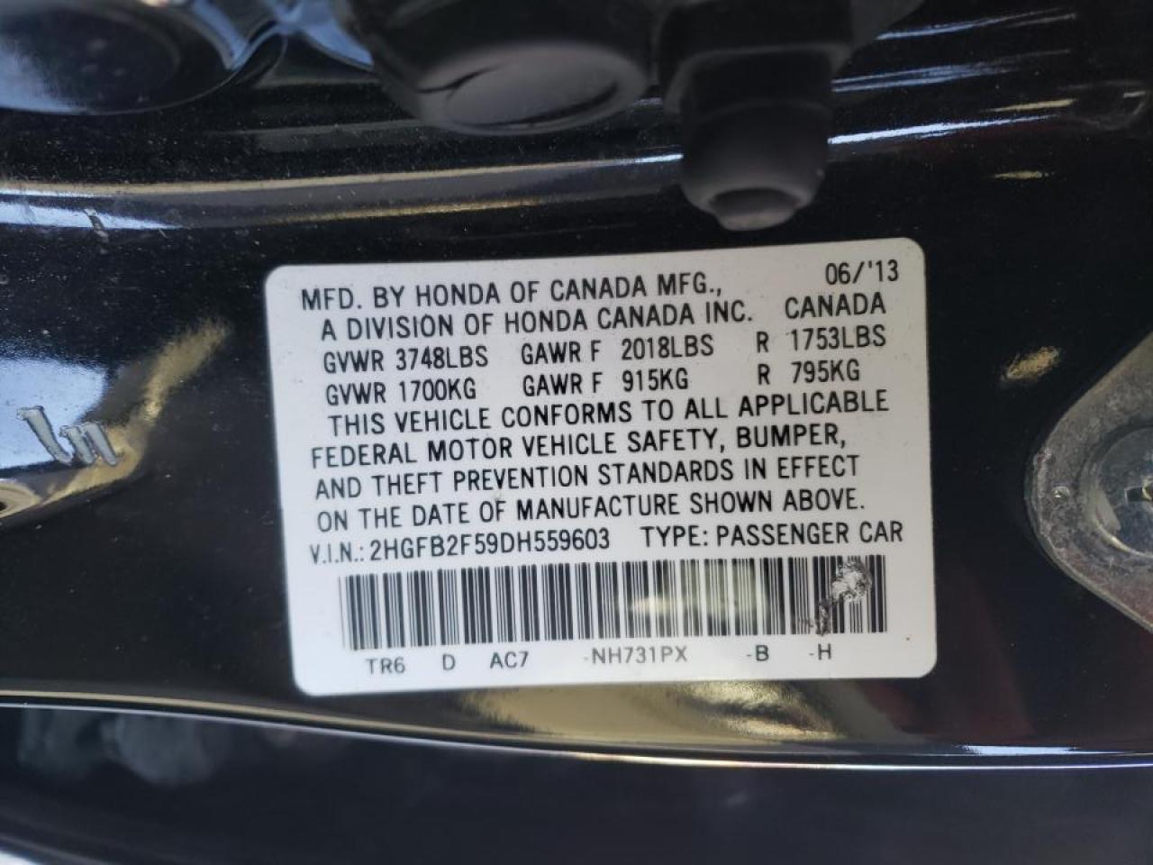 2013 Honda Civic VIN 2HGFB2F59DH559603 Copart auction photo, rear end damage thumbnail 12