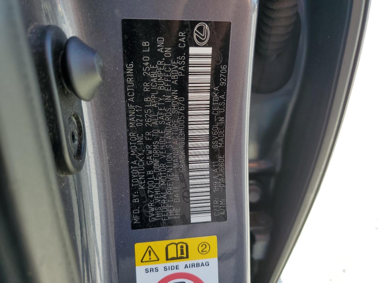 2017 Lexus ES VIN 58ABK1GG3HU057670 Copart auction photo, front end damage thumbnail 12