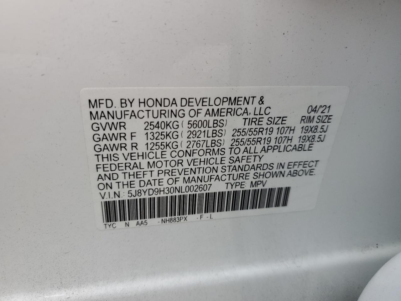 2022 Acura MDX VIN 5J8YD9H30NL002607 Copart auction photo, rear end damage thumbnail 13