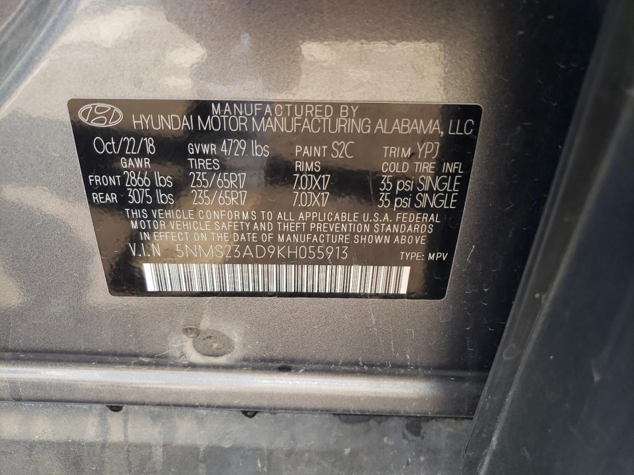 2019 Hyundai Santa Fe VIN 5NMS23AD9KH055913 Copart auction photo, rear end damage thumbnail 14