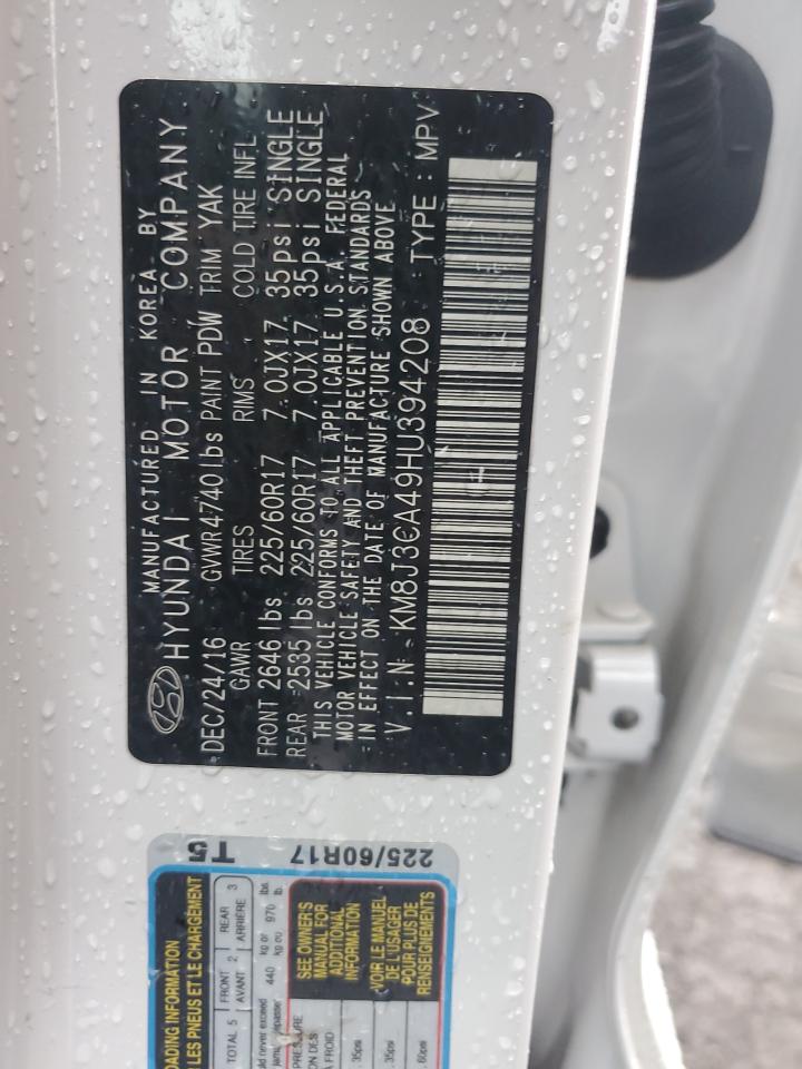 2017 Hyundai Tucson VIN KM8J3CA49HU394208 Copart auction photo, front end damage thumbnail 15