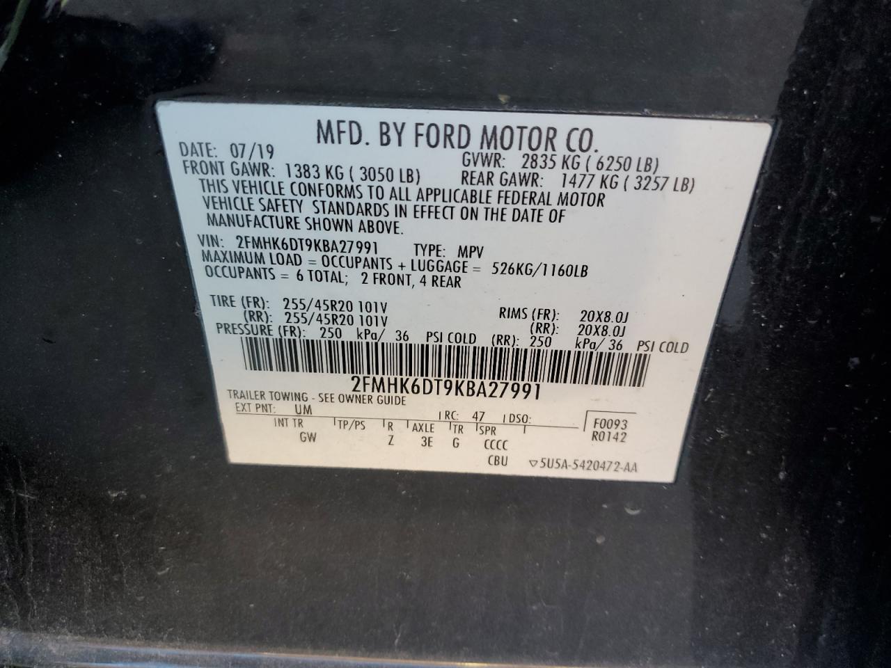 2019 Ford Flex VIN 2FMHK6DT9KBA27991 Copart auction photo, side / rear end damage thumbnail 14