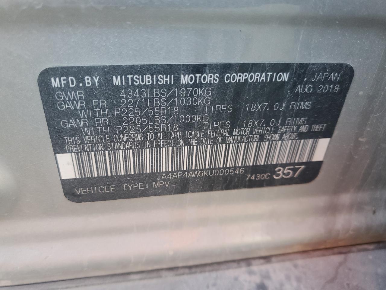 2019 Mitsubishi Outlander VIN JA4AP4AW9KU000546 Copart auction photo, front end damage thumbnail 15