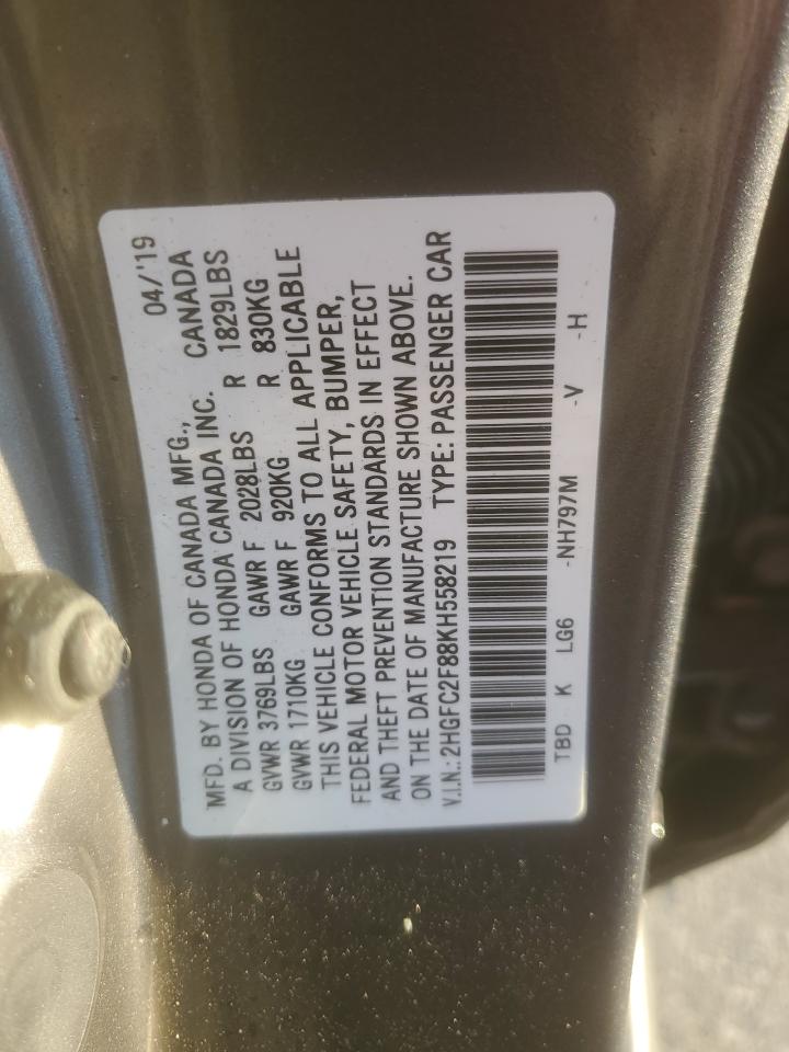 2019 Honda Civic VIN 2HGFC2F88KH558219 Copart auction photo, burn - interior damage thumbnail 12