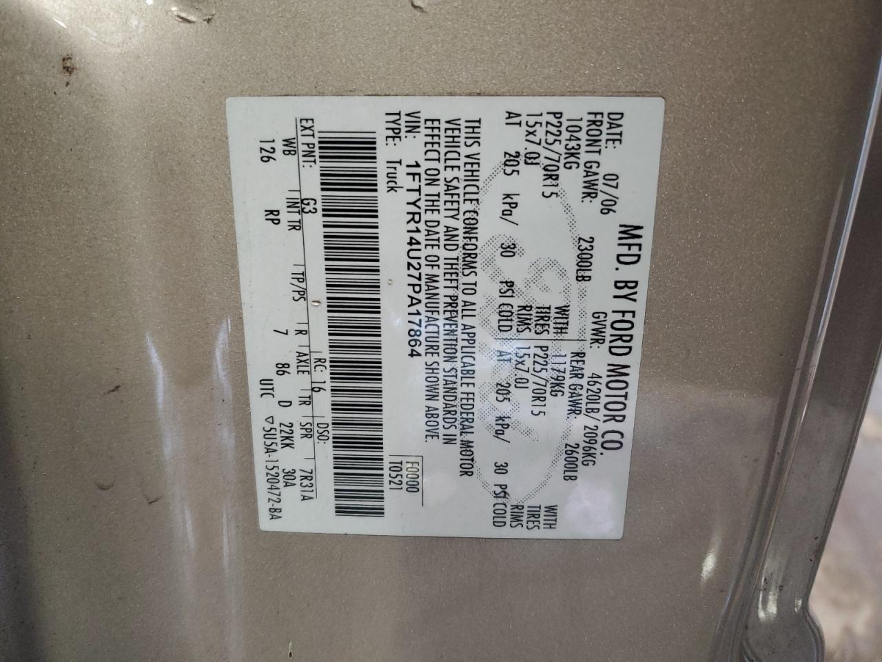 2007 Ford Ranger VIN 1FTYR14U27PA17864 Copart auction photo, front end / side damage thumbnail 12