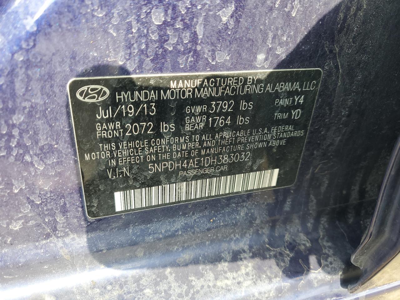 2013 Hyundai Elantra VIN 5NPDH4AE1DH383032 Copart auction photo, rear end damage thumbnail 12