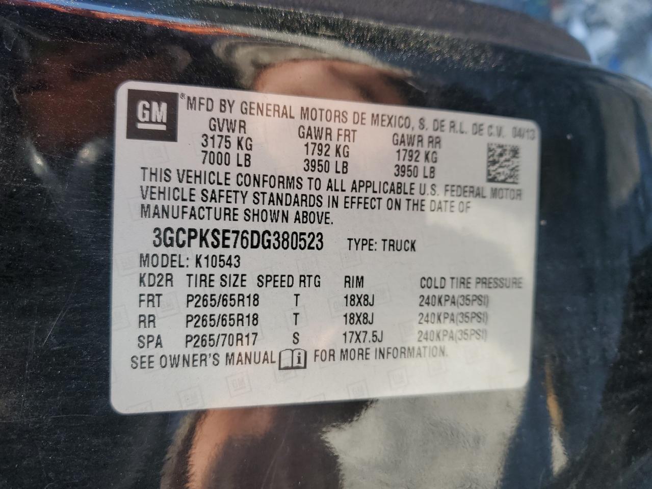 2013 Chevrolet Silverado VIN 3GCPKSE76DG380523 Copart auction photo, front end / side damage thumbnail 14