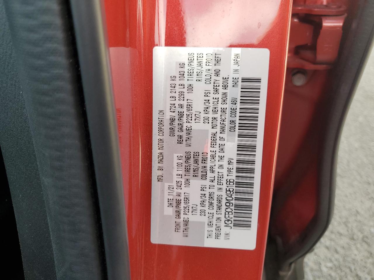 2021 Mazda CX-5 VIN JM3KFBCM9M0495166 Copart auction photo, rear end damage thumbnail 12