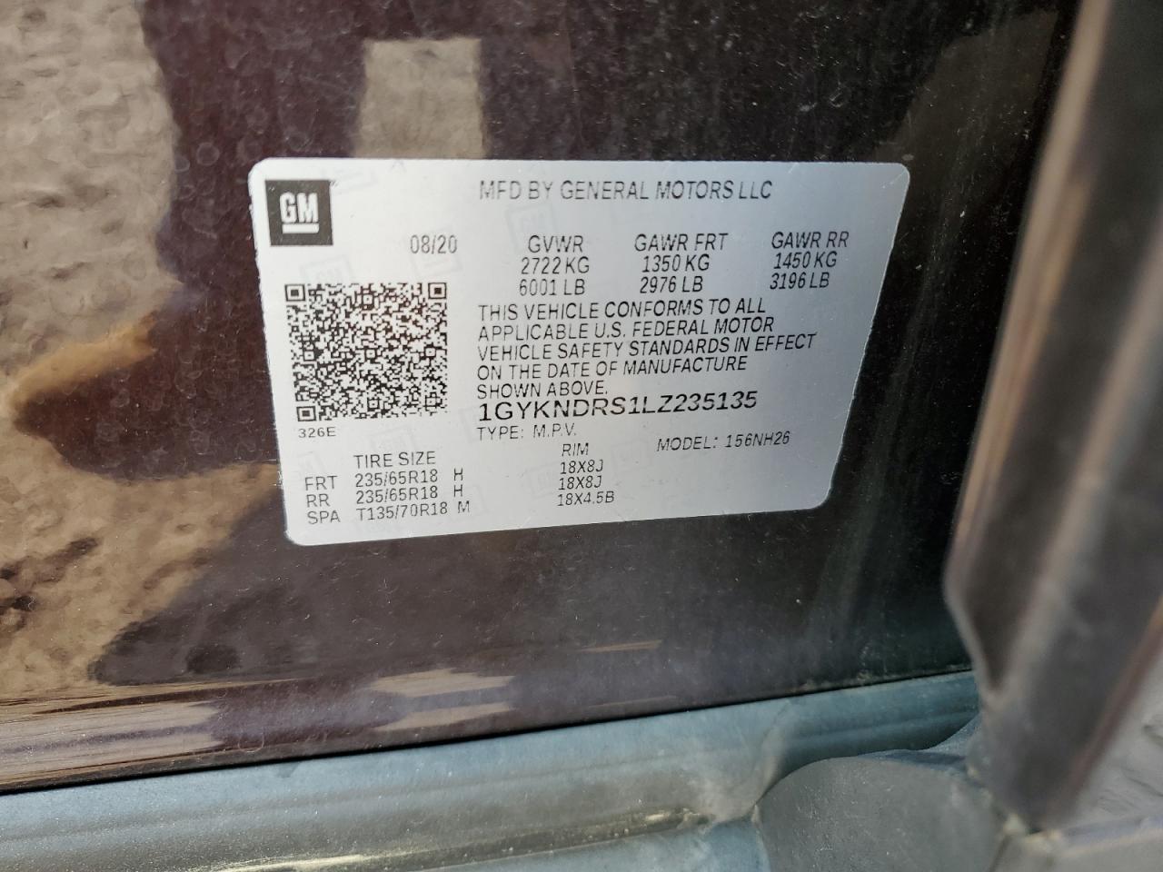 2020 Cadillac XT5 VIN 1GYKNDRS1LZ235135 Copart auction photo, rear end damage thumbnail 13