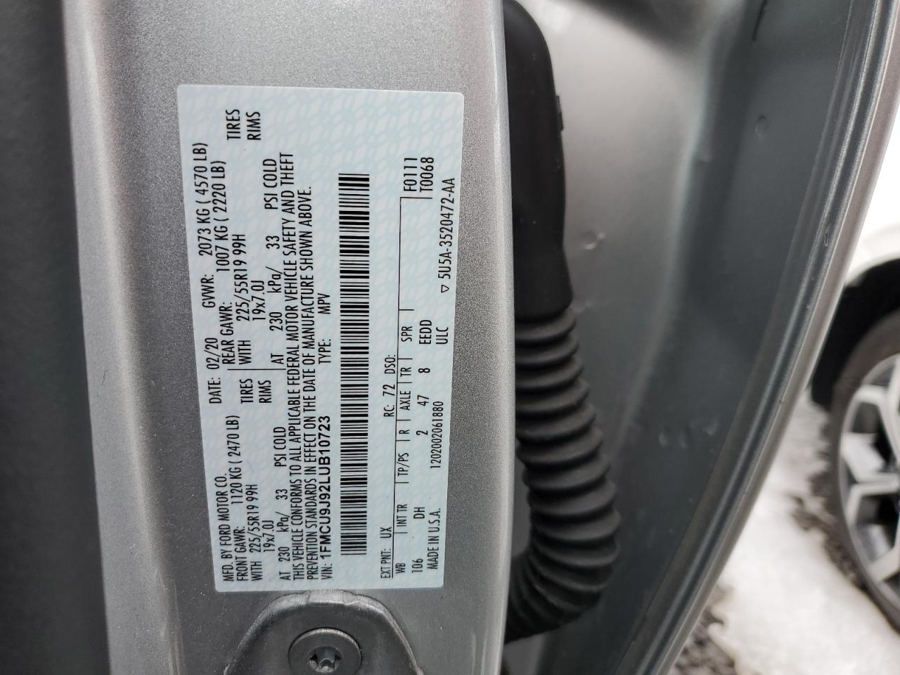2020 Ford Escape VIN 1FMCU9J92LUB10723 Copart auction photo, front end damage thumbnail 14
