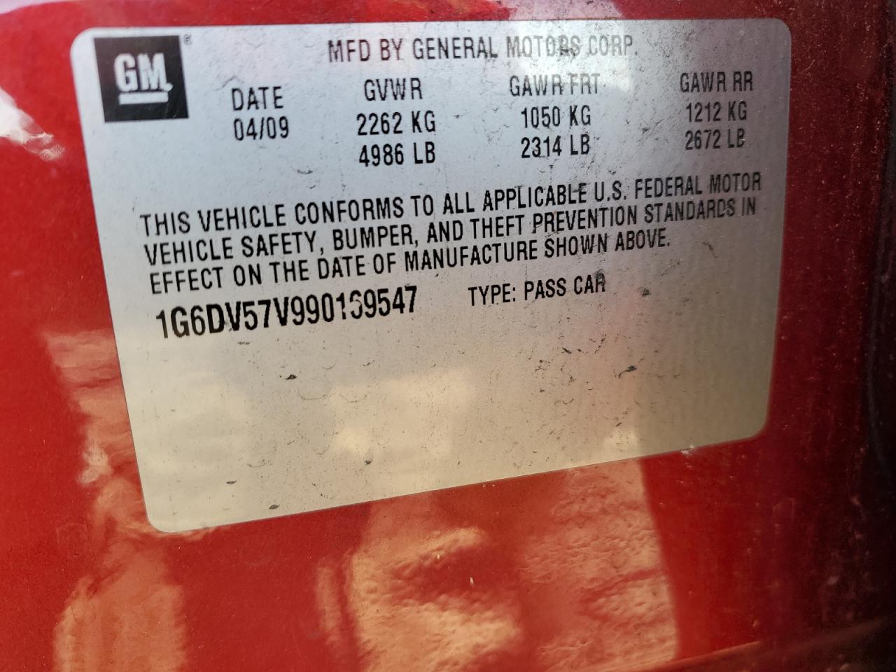 2009 Cadillac CTS VIN 1G6DV57V990169547 Copart auction photo, front end / side damage thumbnail 12