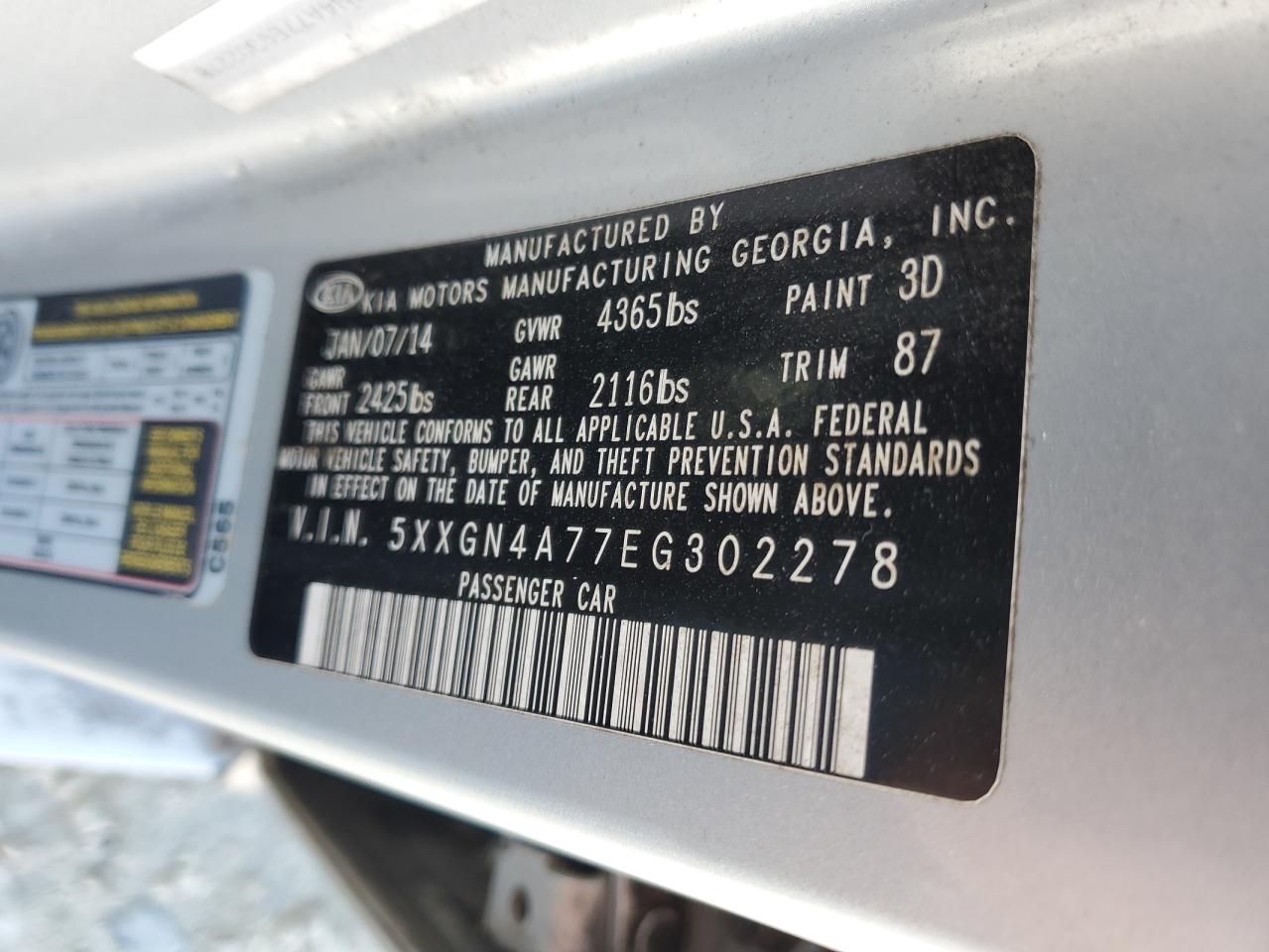 2014 KIA Optima VIN 5XXGN4A77EG302278 Copart auction photo, front end / side damage thumbnail 13