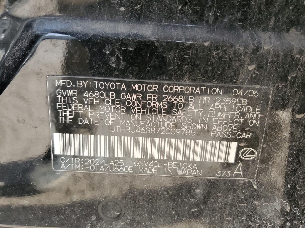 2007 Lexus ES VIN JTHBJ46G872009785 Copart auction photo, rear end / front end damage thumbnail 12
