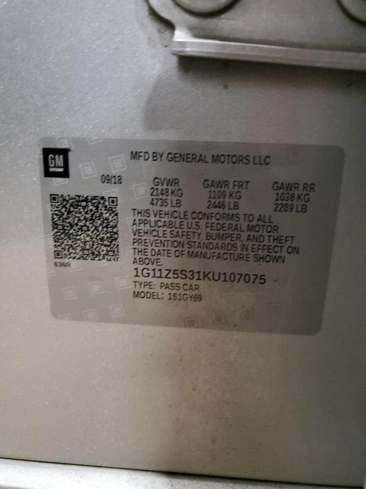 2019 Chevrolet Impala VIN 1G11Z5S31KU107075 Copart auction photo, side / minor dent/scratches damage thumbnail 12