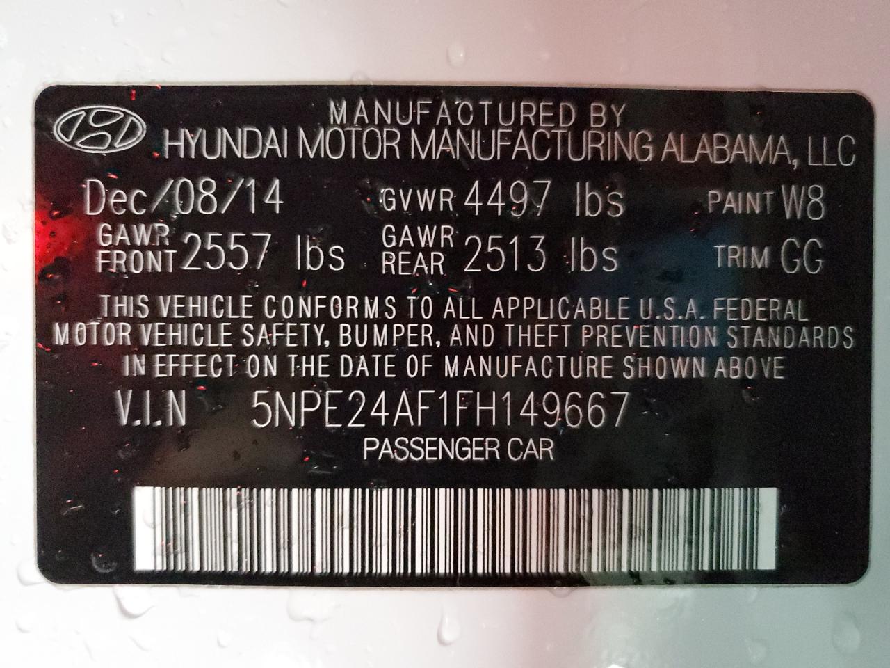 2015 Hyundai Sonata VIN 5NPE24AF1FH149667 Copart auction photo, hail / front end damage thumbnail 12