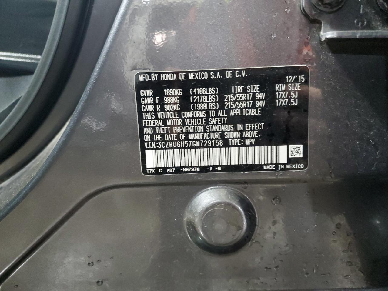 2016 Honda HR-V VIN 3CZRU6H57GM729158 Copart auction photo, front end damage thumbnail 13