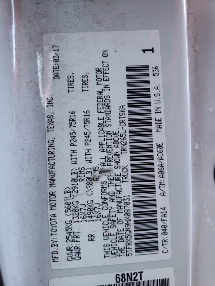 2017 Toyota Tacoma VIN 5TFRX5GN9HX087031 Copart auction photo, front end damage thumbnail 12