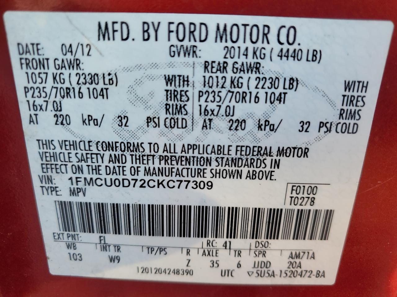 2012 Ford Escape VIN 1FMCU0D72CKC77309 Copart auction photo, front end / side damage thumbnail 14