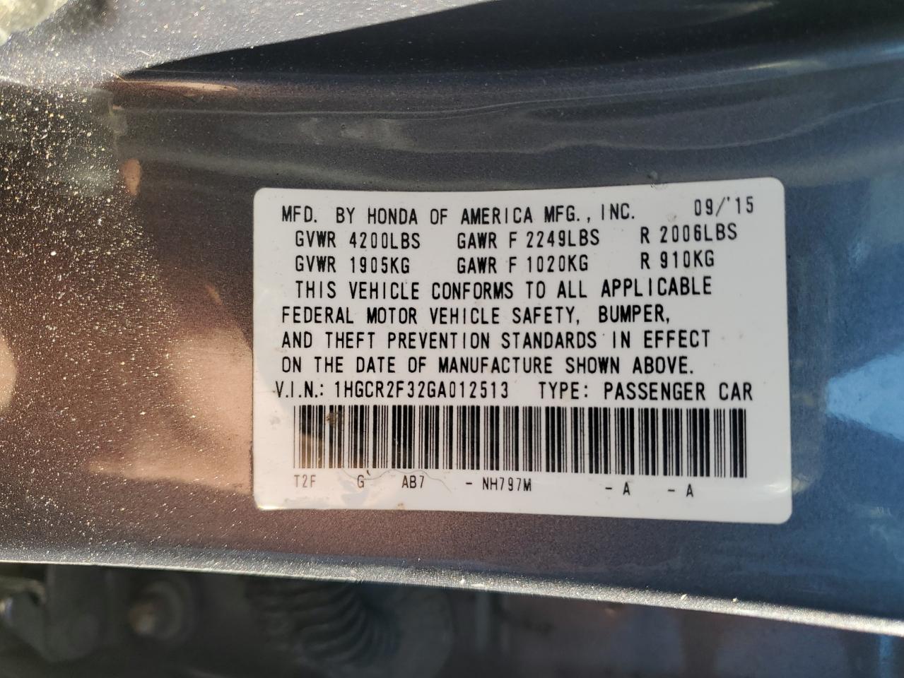 2016 Honda Accord VIN 1HGCR2F32GA012513 Copart auction photo, front end damage thumbnail 12