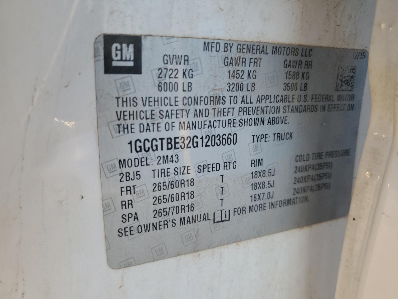 2016 Chevrolet Colorado VIN 1GCGTBE32G1203660 Copart auction photo, front end / minor dent/scratches damage thumbnail 14