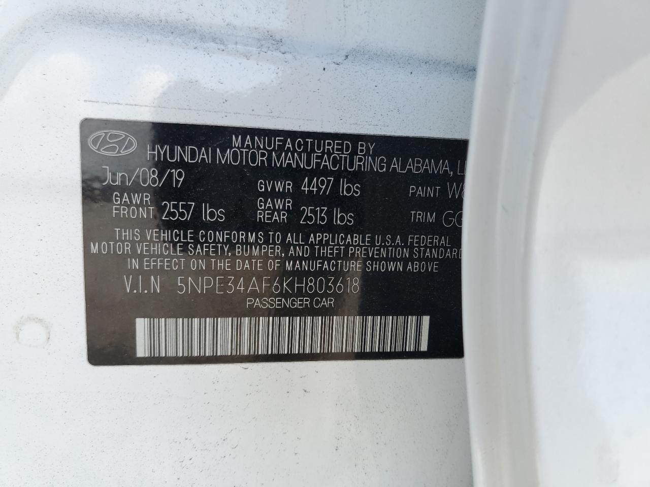 2019 Hyundai Sonata VIN 5NPE34AF6KH803618 Copart auction photo, side damage thumbnail 12