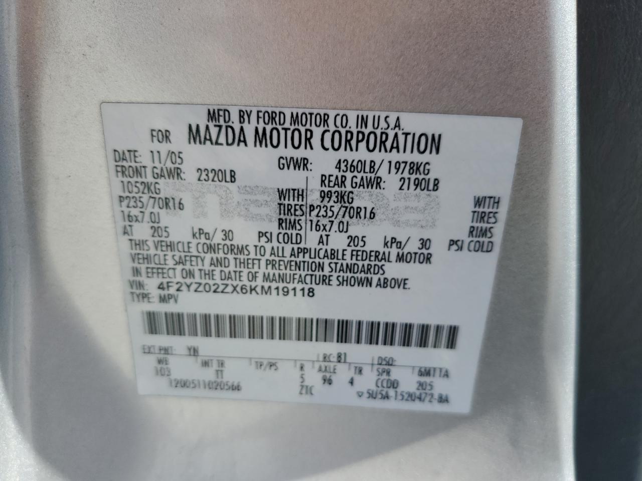 2006 Mazda Tribute VIN 4F2YZ02ZX6KM19118 Copart auction photo, front end damage thumbnail 15