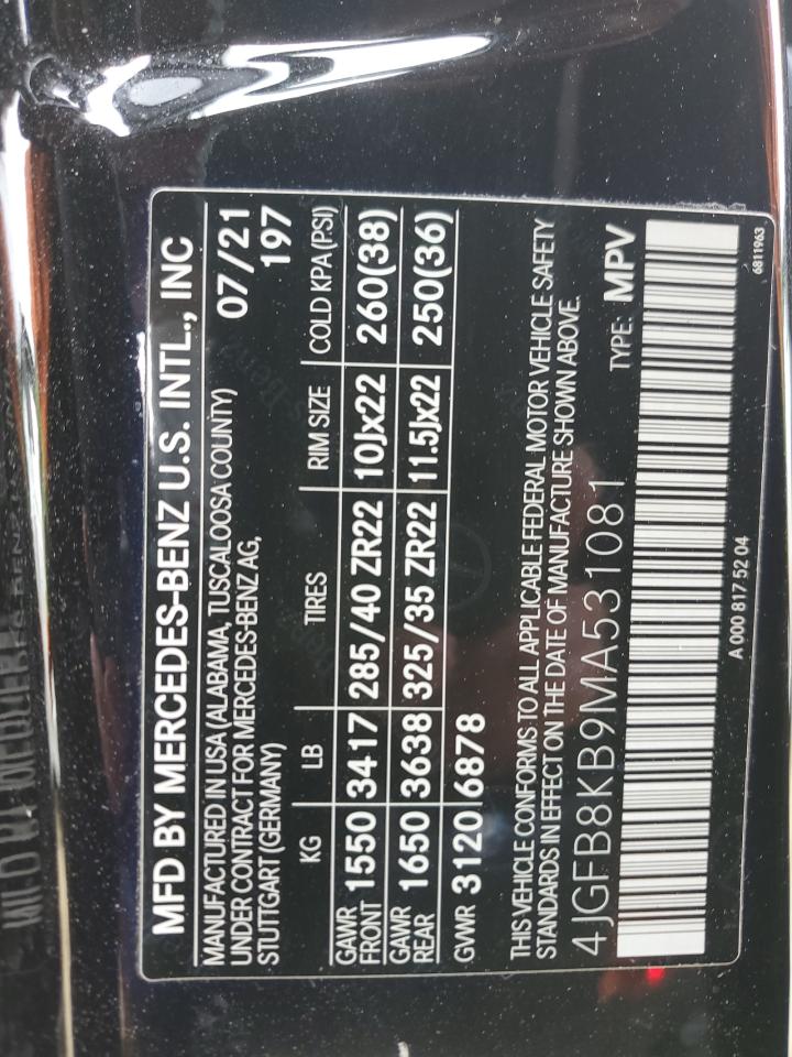 2021 Mercedes-Benz GLE VIN 4JGFB8KB9MA531081 Copart auction photo, side damage thumbnail 12