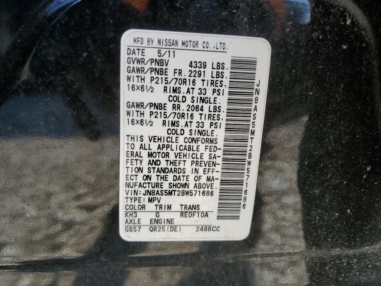 2011 Nissan Rogue VIN JN8AS5MT2BW571686 Copart auction photo, front end damage thumbnail 13