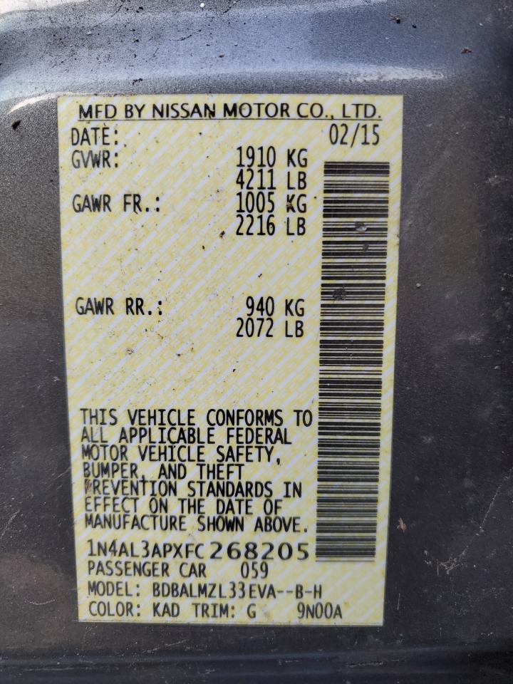 2015 Nissan Altima VIN 1N4AL3APXFC268205 Copart auction photo, rear end / minor dent/scratches damage thumbnail 12