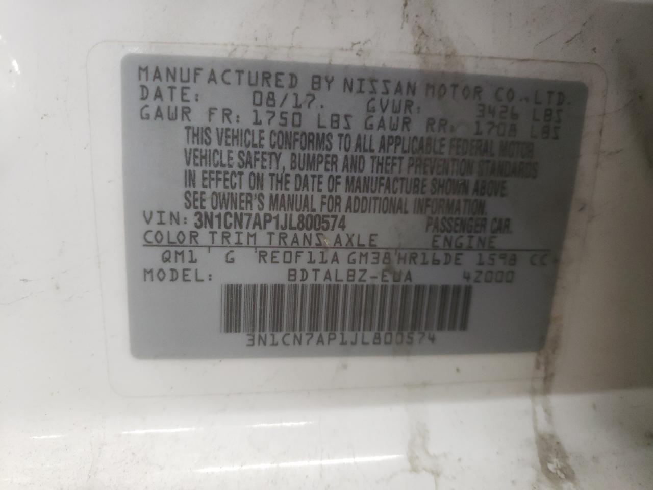 2018 Nissan Versa VIN 3N1CN7AP1JL800574 Copart auction photo, front end damage thumbnail 12