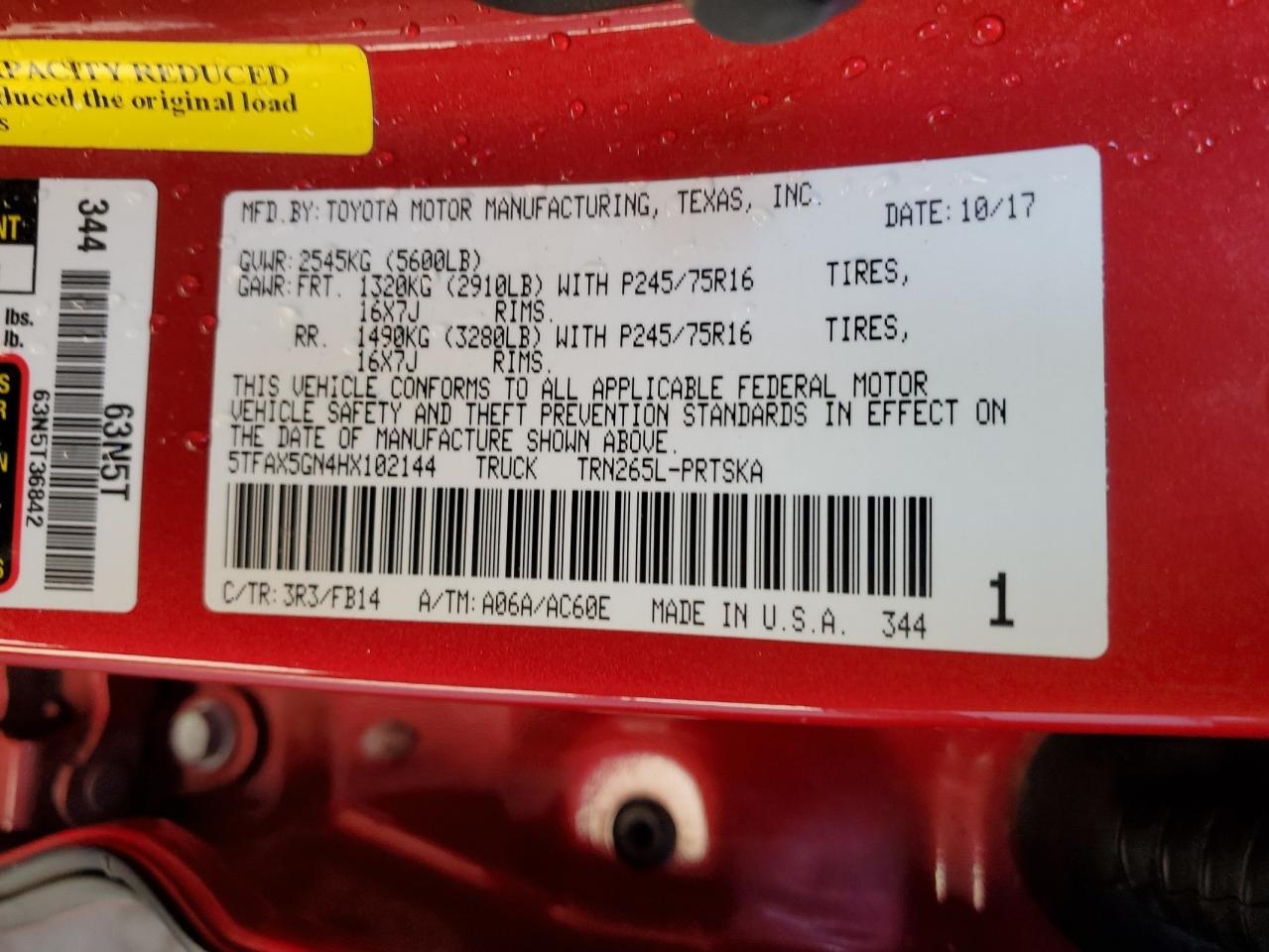 2017 Toyota Tacoma VIN 5TFAX5GN4HX102144 Copart auction photo, front end / rear end damage thumbnail 12