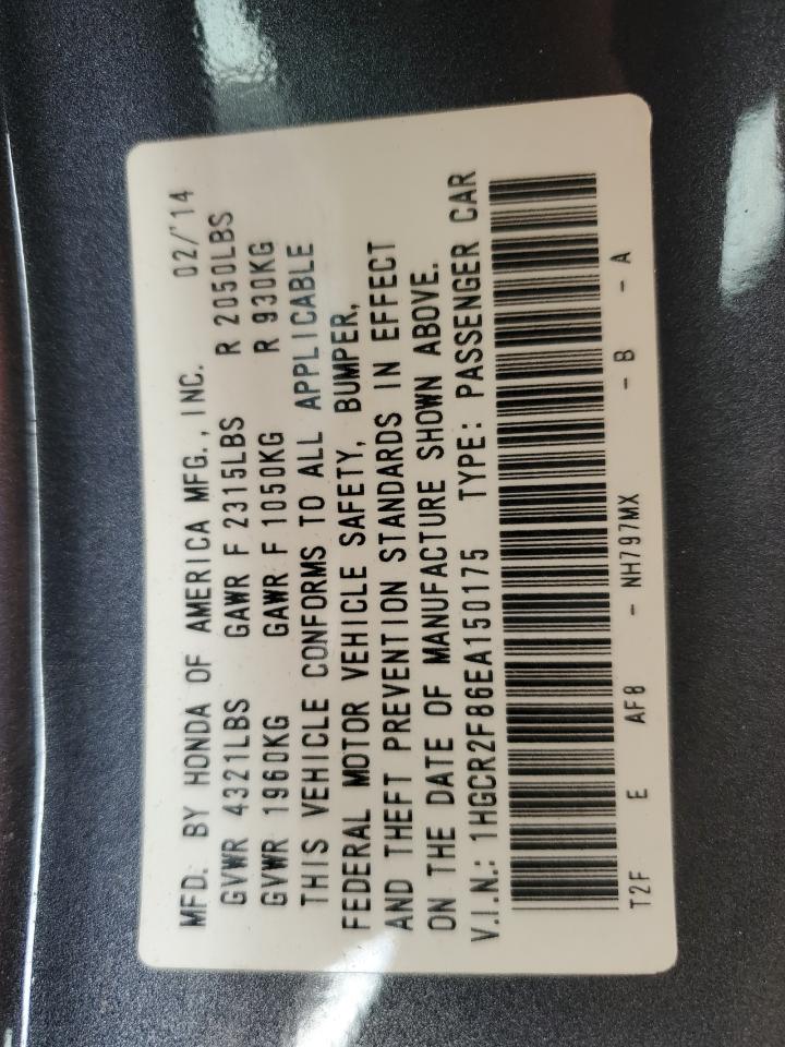 2014 Honda Accord VIN 1HGCR2F86EA150175 Copart auction photo, front end / minor dent/scratches damage thumbnail 12