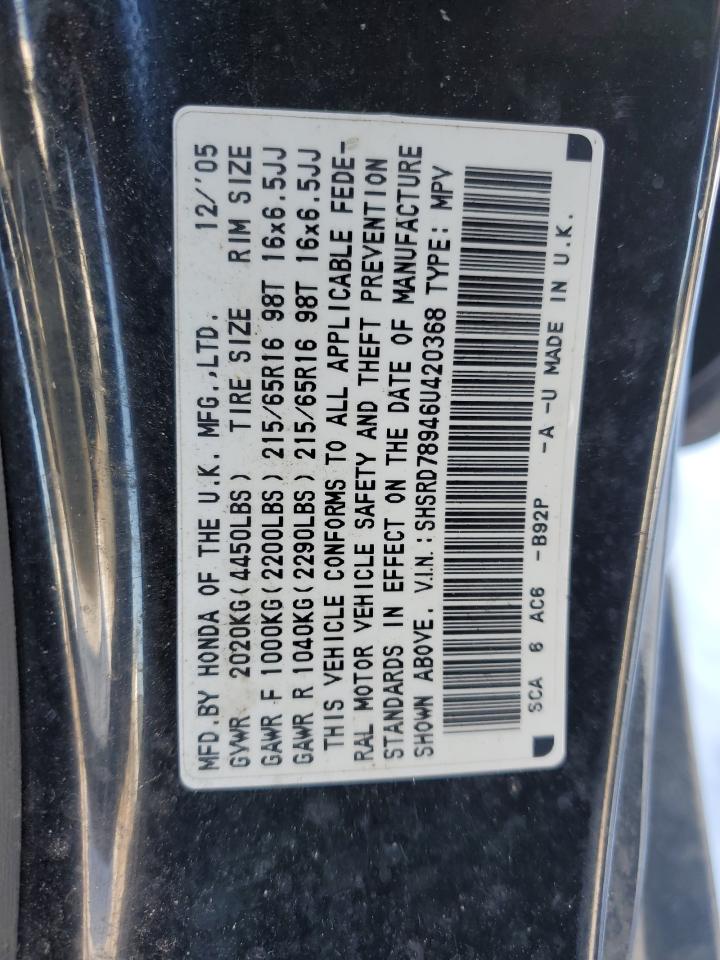 2006 Honda CR-V VIN SHSRD78946U420368 Copart auction photo, rear end damage thumbnail 15