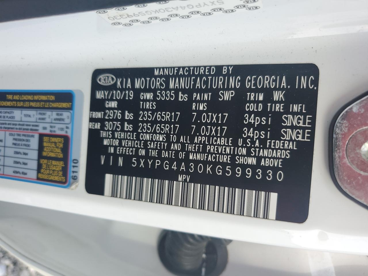 2019 KIA Sorento VIN 5XYPG4A30KG599330 Copart auction photo, front end / minor dent/scratches damage thumbnail 13