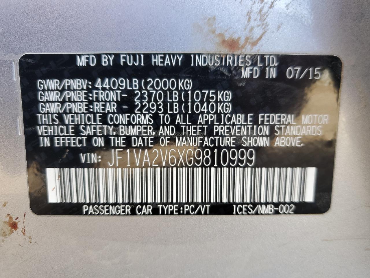 2016 Subaru WRX VIN JF1VA2V6XG9810999 Copart auction photo, front end / mechanical damage thumbnail 15