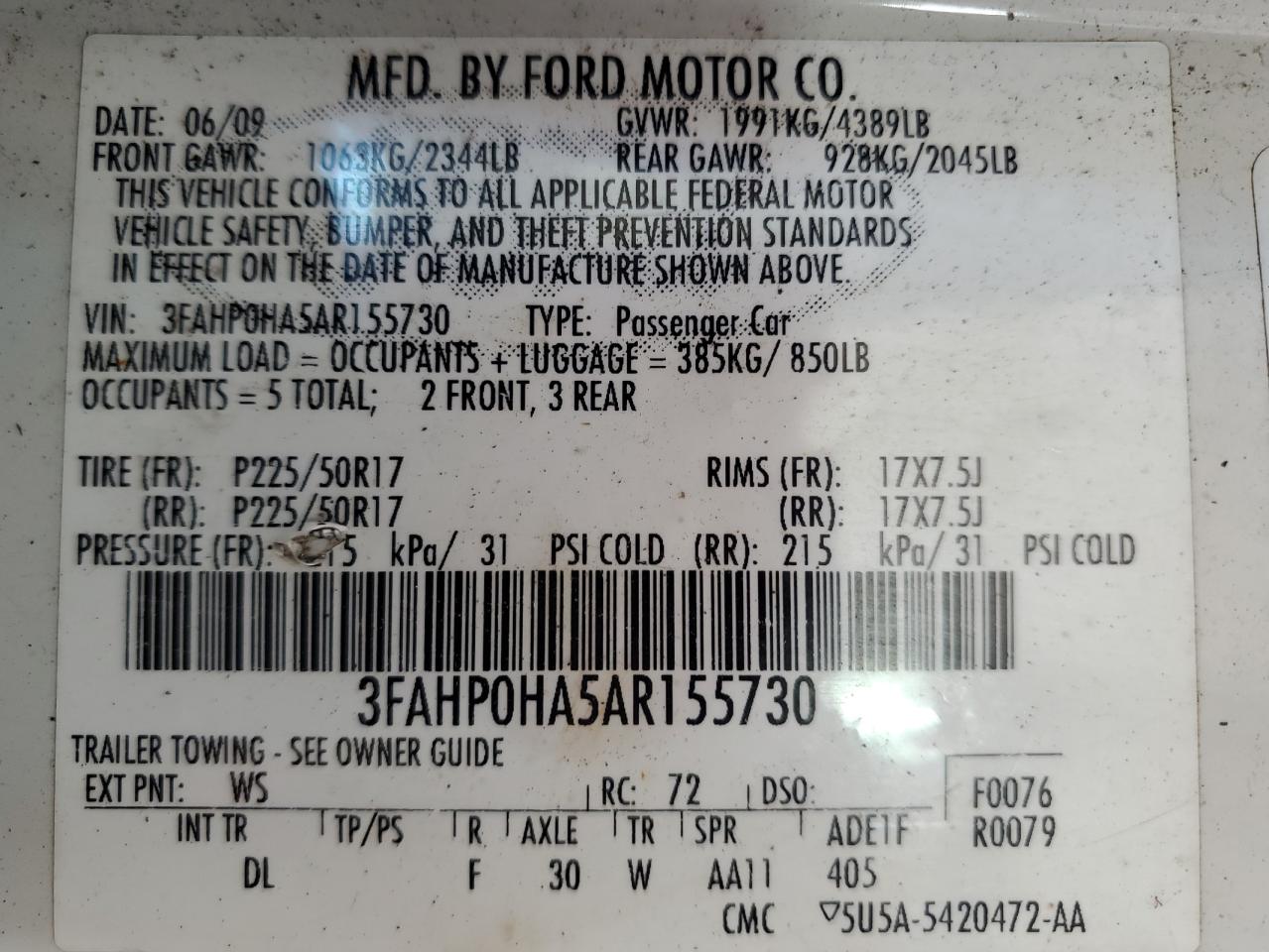 2010 Ford Fusion VIN 3FAHP0HA5AR155730 Copart auction photo, rear end / all over damage thumbnail 12