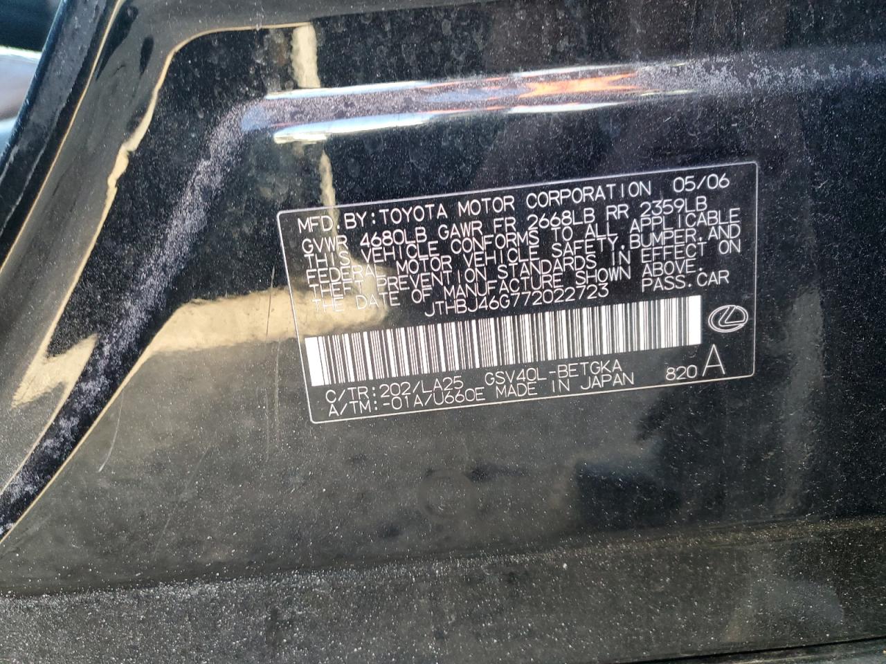 2007 Lexus ES VIN JTHBJ46G772022723 Copart auction photo, front end damage thumbnail 12
