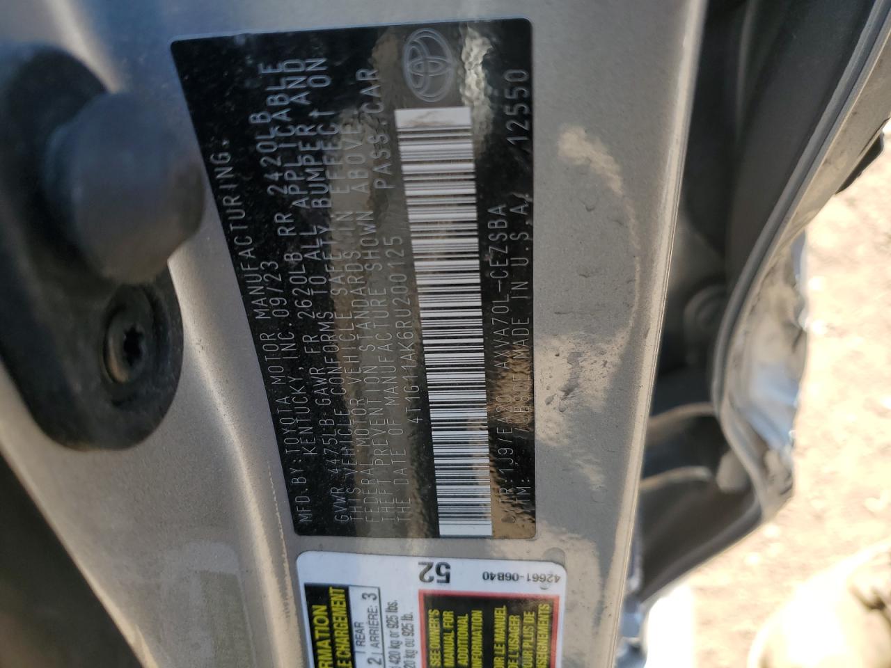 2024 Toyota Camry VIN 4T1G11AK6RU200125 Copart auction photo, side / front end damage thumbnail 14