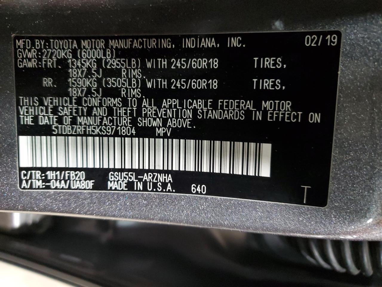 2019 Toyota Highlander VIN 5TDBZRFH5KS971804 Copart auction photo, rear end / front end damage thumbnail 15
