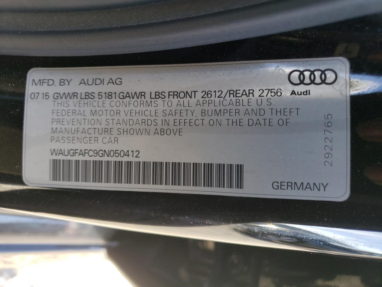 2016 Audi A6 VIN WAUGFAFC9GN050412 Copart auction photo, front end / minor dent/scratches damage thumbnail 12