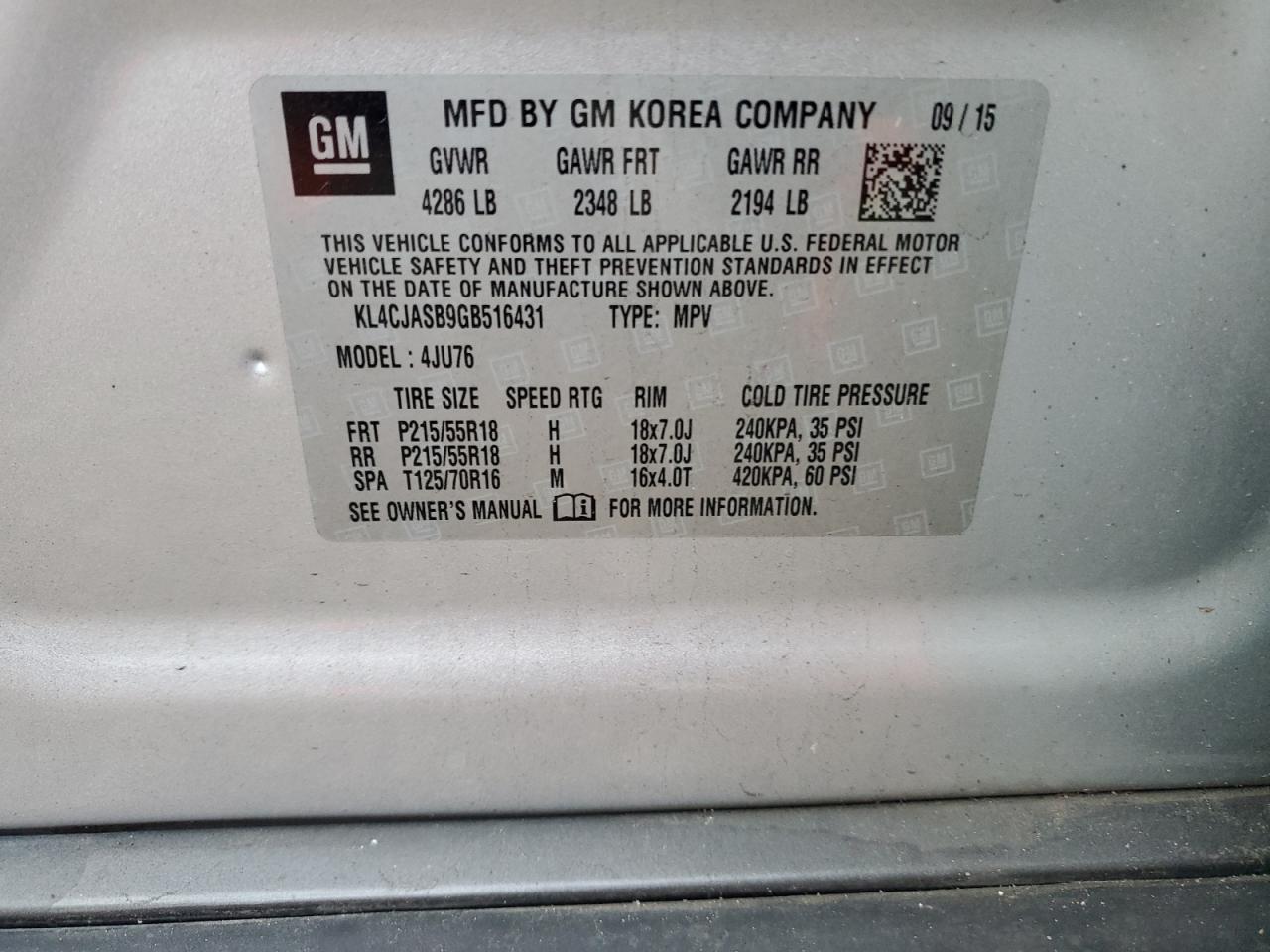2016 Buick Encore VIN KL4CJASB9GB516431 Copart auction photo, side damage thumbnail 12