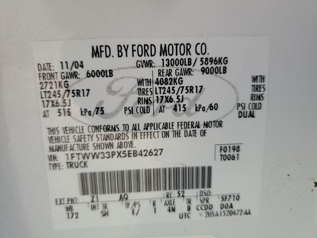 2005 Ford F350 VIN 1FTWW33PX5EB42627 Copart auction photo, front end damage thumbnail 12
