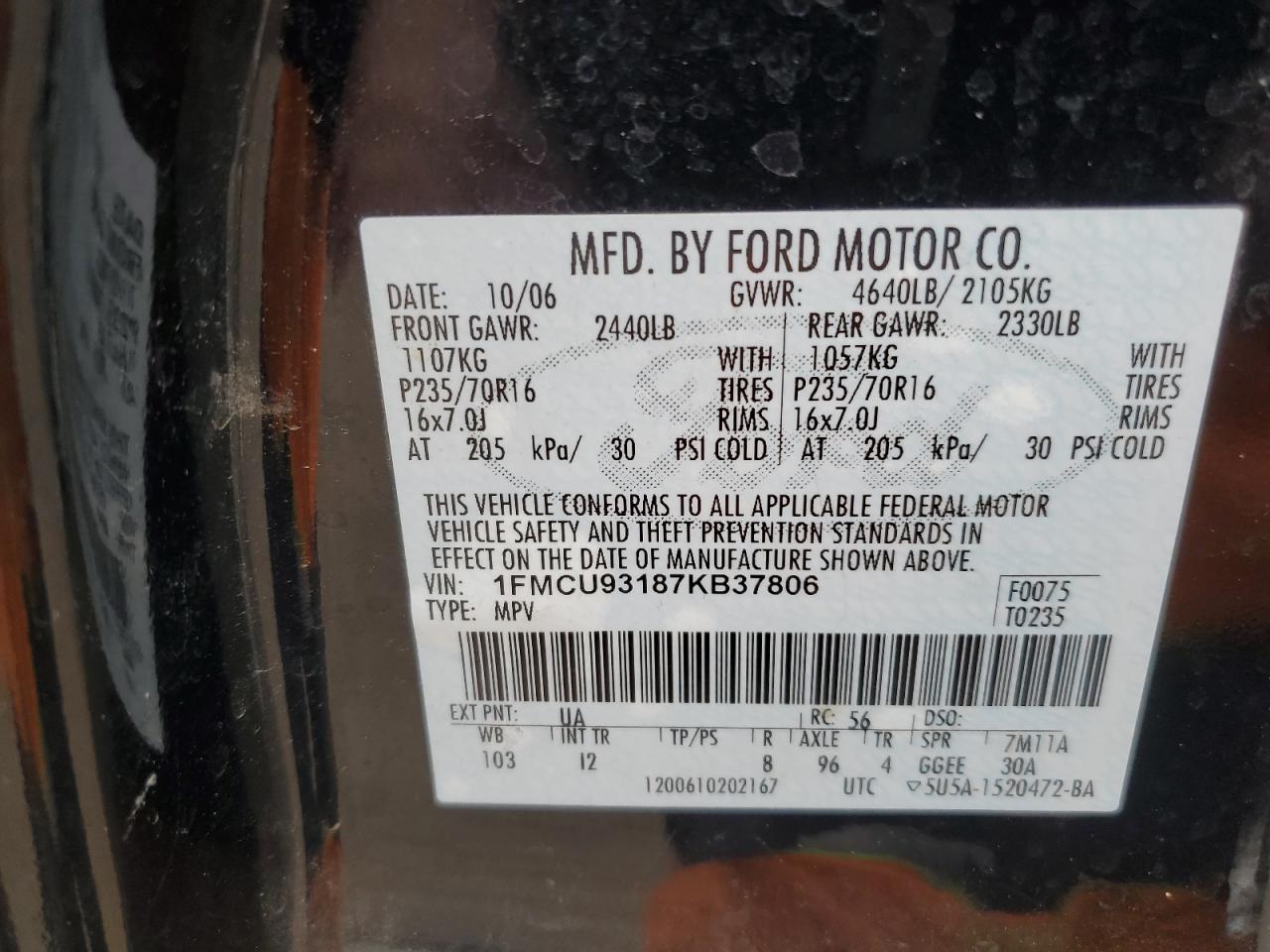 2007 Ford Escape VIN 1FMCU93187KB37806 Copart auction photo, front end damage thumbnail 14