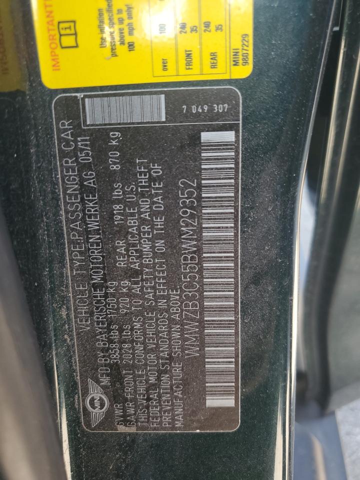 2011 MINI Cooper VIN WMWZB3C55BWM29352 Copart auction photo, front end damage thumbnail 14