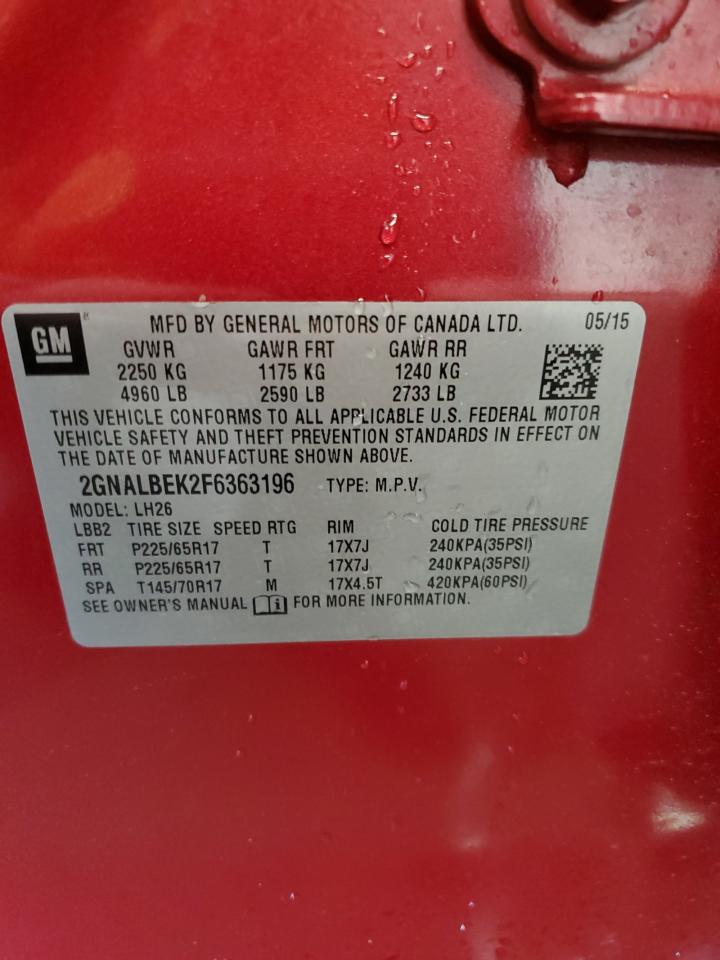 2015 Chevrolet Equinox VIN 2GNALBEK2F6363196 Copart auction photo, rear end / side damage thumbnail 14