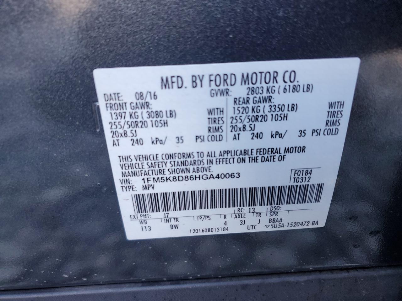 2017 Ford Explorer VIN 1FM5K8D86HGA40063 Copart auction photo, rear end damage thumbnail 15