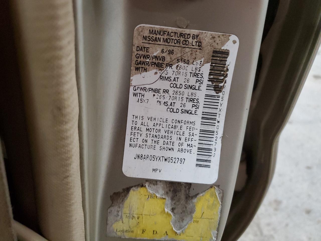 1996 Nissan Pathfinder VIN JN8AR05YXTW052797 Copart auction photo, front end / rear end damage thumbnail 14