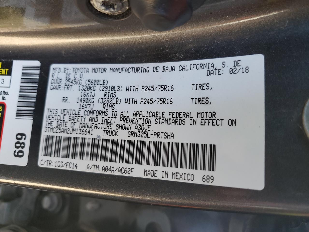 2018 Toyota Tacoma VIN 3TMCZ5AN2JM136641 Copart auction photo, rear end damage thumbnail 12