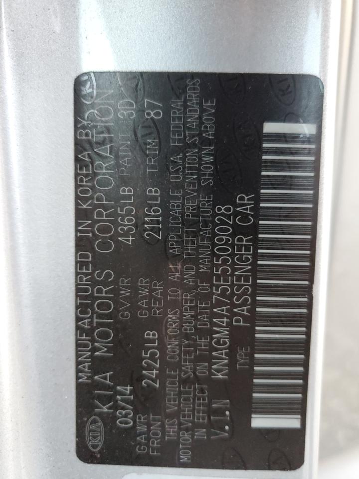 2014 KIA Optima VIN KNAGM4A75E5509028 Copart auction photo, rear end / top/roof damage thumbnail 12